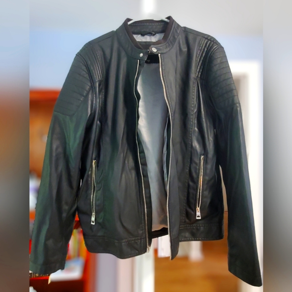 Large Men's Black Leather Coat by Guess